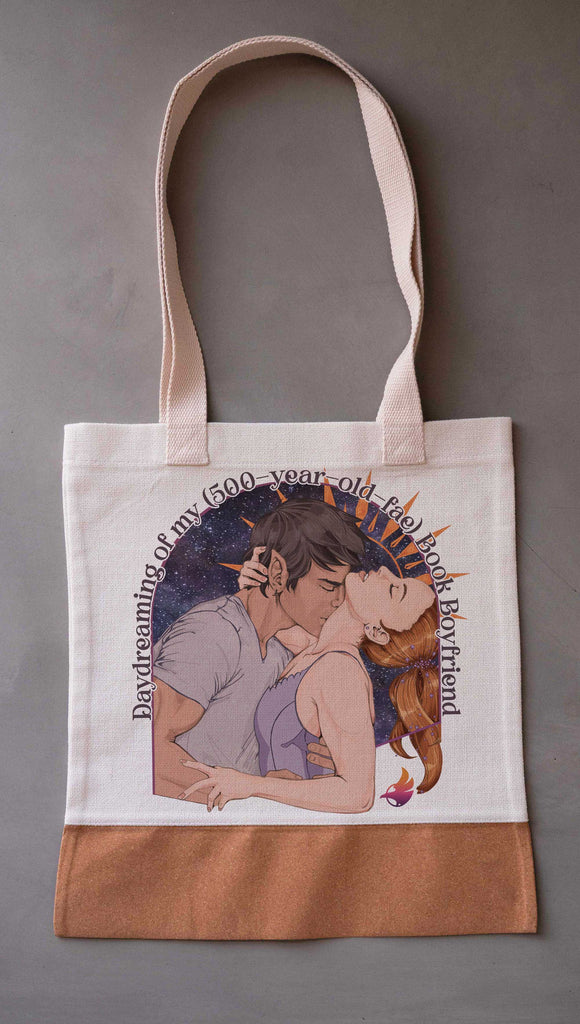 Tote bag made out of soft canvas with a natural cork bottom. Printed with Romantic Artwork and the phrase: Daydreaming of my 500 year old fae book boyfriend.