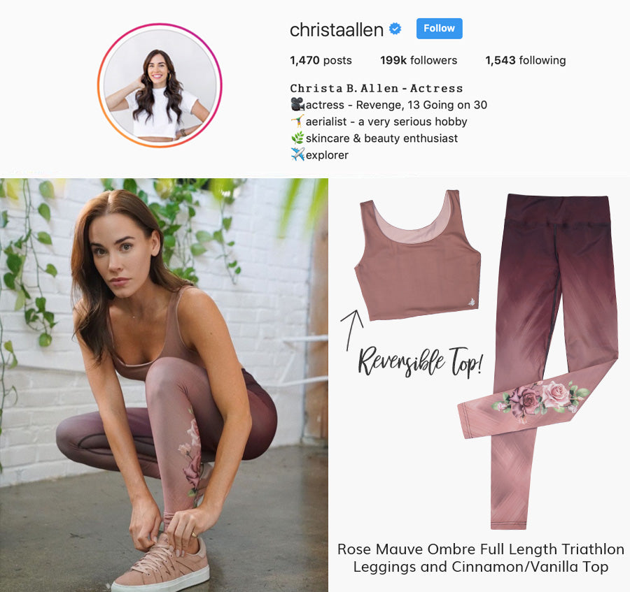 Actress Christa Allen wearing WERKSHOP Rose Mauve Leggings and Cinnamon/Vanilla Reversible Top