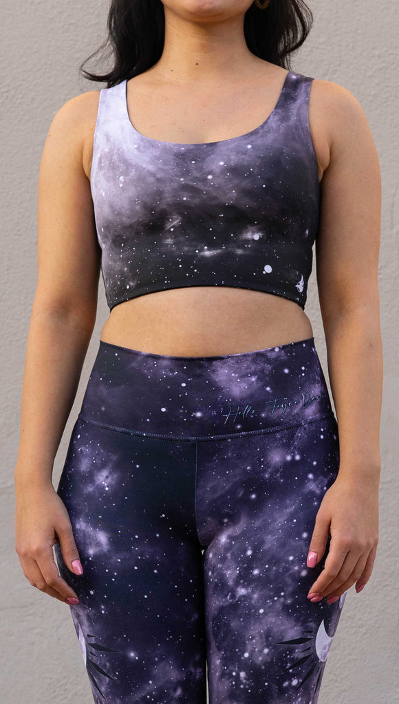 Model wearing Officially Licensed ACOTAR Top with with a purplish blue to black ombre celestial sky.