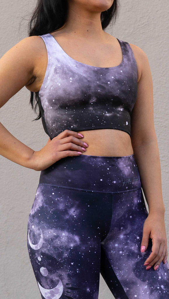 Model wearing Officially Licensed ACOTAR Top with with a purplish blue to black ombre celestial sky.