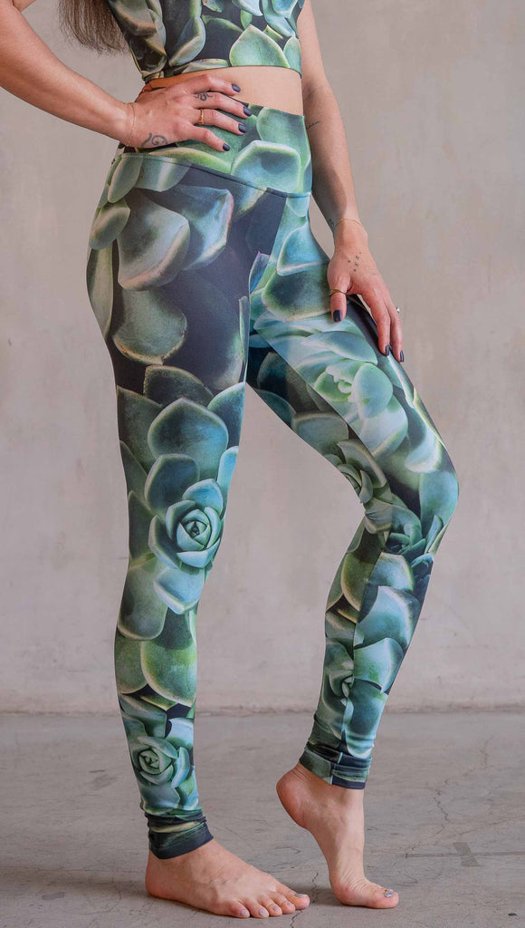 Model wearing WERKSHOP Green Envy Athleisure Leggings. The leggings are printed with a photo-real macro green succulent clusters.