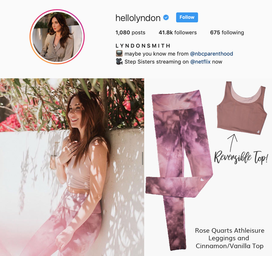 Actress Lyndon Smith wearing WERKSHOP Rose Quartz Leggings and Cinnamon/Vanilla Reversible Top