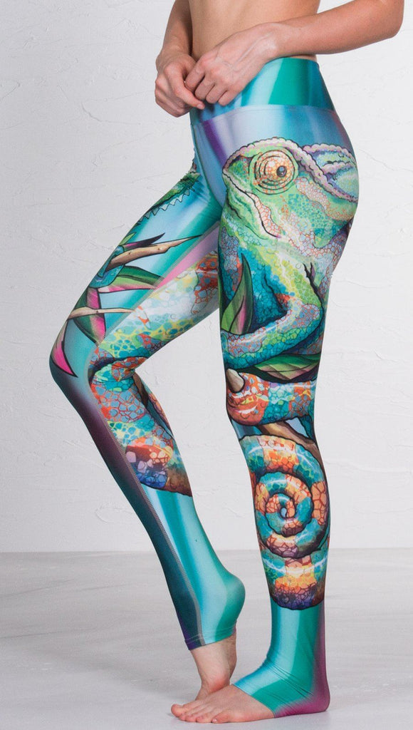 close up left side view of model wearing colorful chameleon printed full length leggings