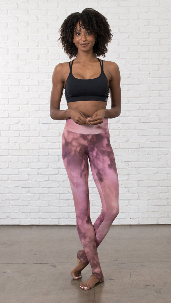 front view of model wearing rose quartz stone design printed full length leggings