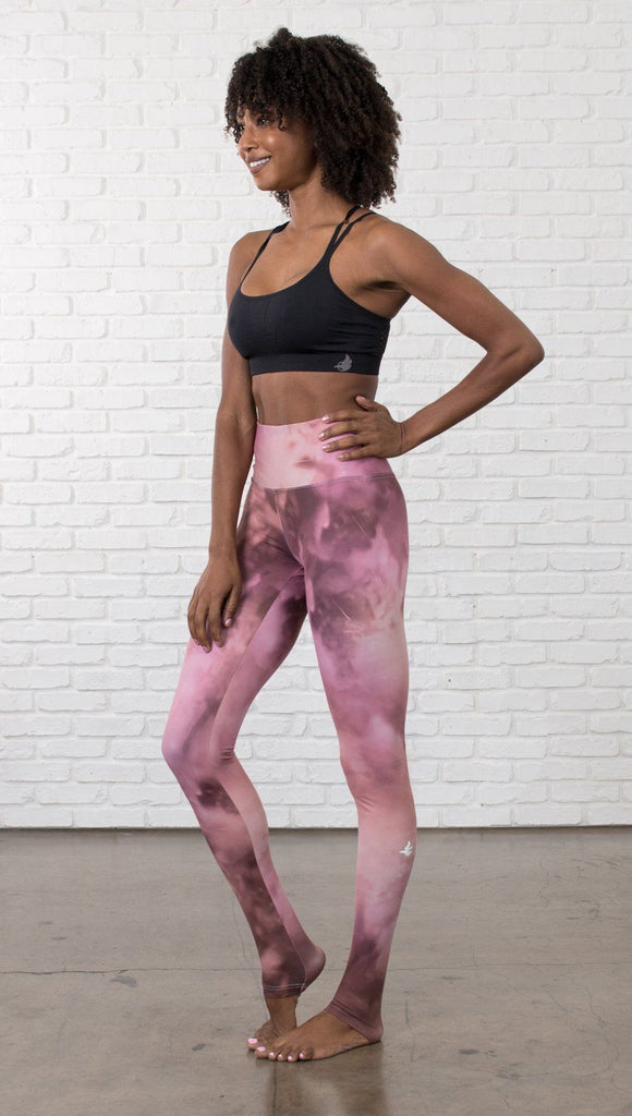 front view of model wearing rose quartz stone design printed full length leggings