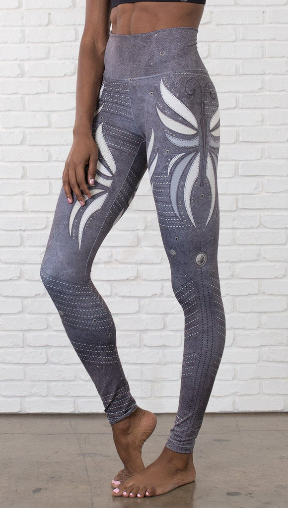 close up front view of model wearing vintage flower printed full length leggings