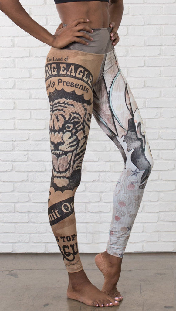 closeup right side view of model wearing circus design mashup printed full length leggings