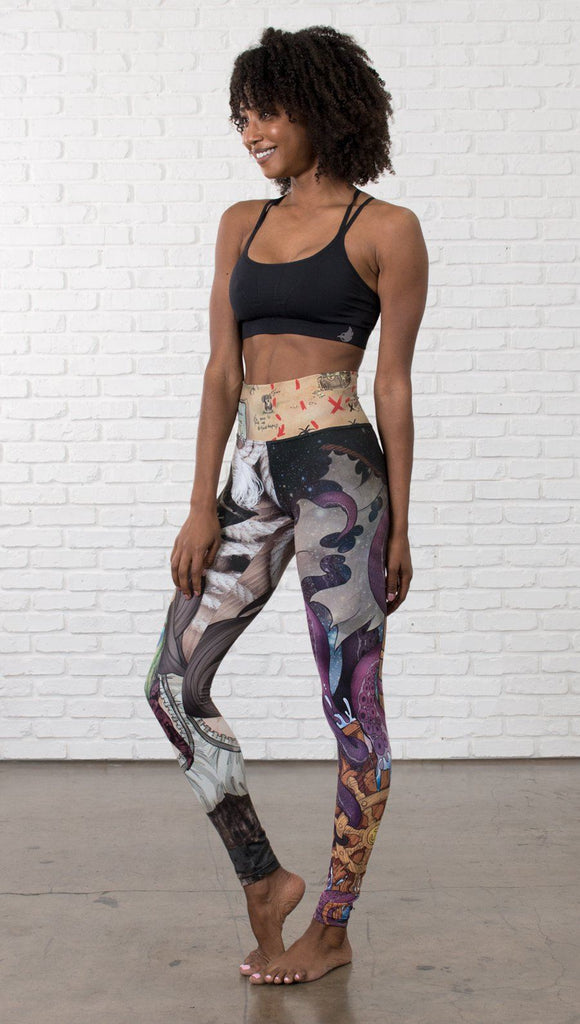 left side view of model wearing pirate girl mashup themed printed capri leggings