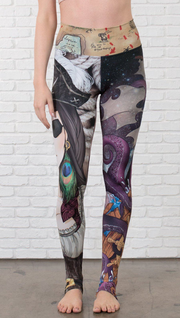 close up front view of model wearing pirate girl mashup themed printed capri leggings