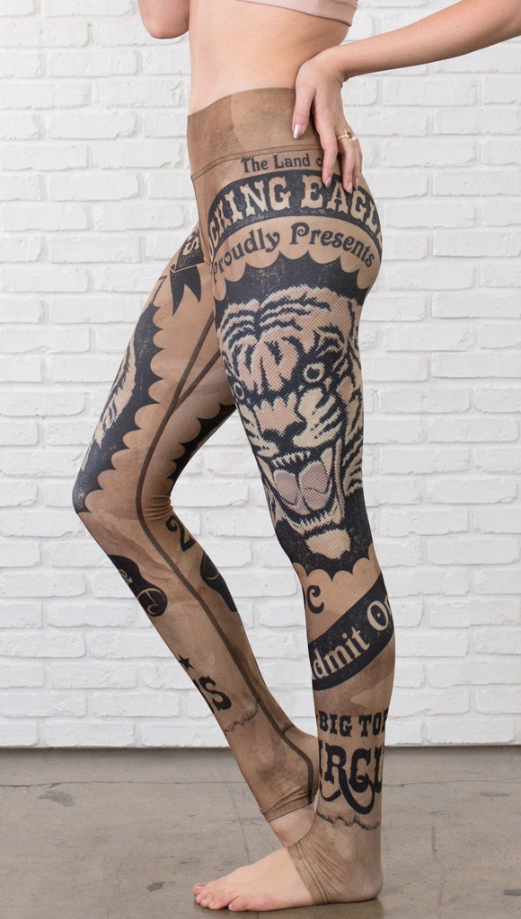 closeup left side view of model wearing vintage circus tiger printed full length leggings