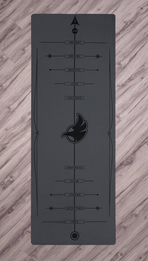 Top view of black yoga mat with werkshop logo