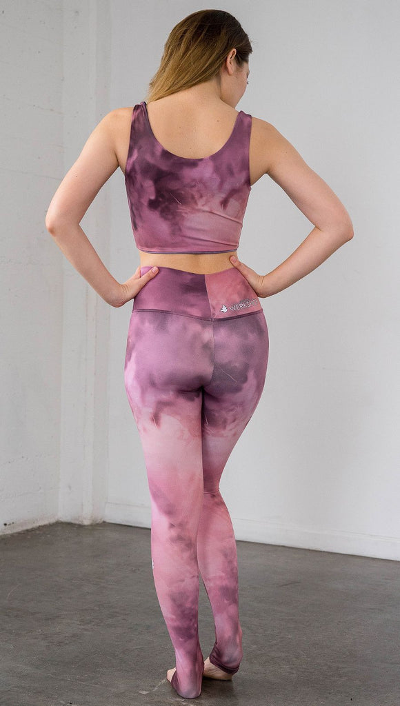 back view of model wearing rose quartz stone design printed full length leggings