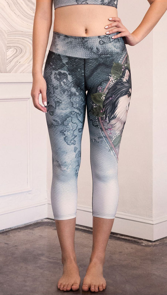 closeup front view of model wearing capri Finnish Lapphund artwork themed leggings