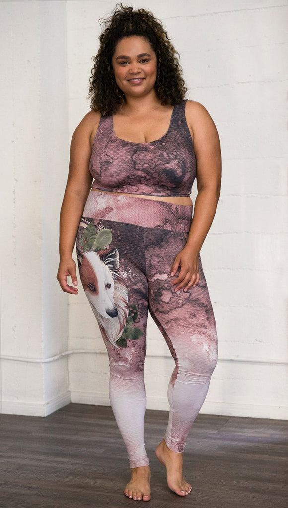 Front view of model wearing Pink/Mauve Icelandic Sheepdog Leggings with Original Tattoo-Inspired artwork