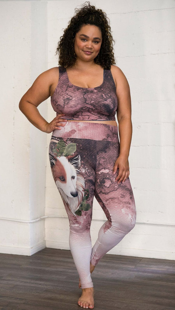 Front view of model wearing Pink/Mauve Icelandic Sheepdog Leggings with Original Tattoo-Inspired artwork