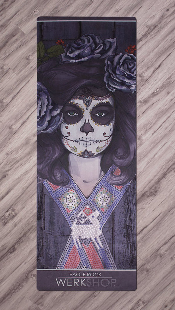 full top view of sugar skull themed yoga mat