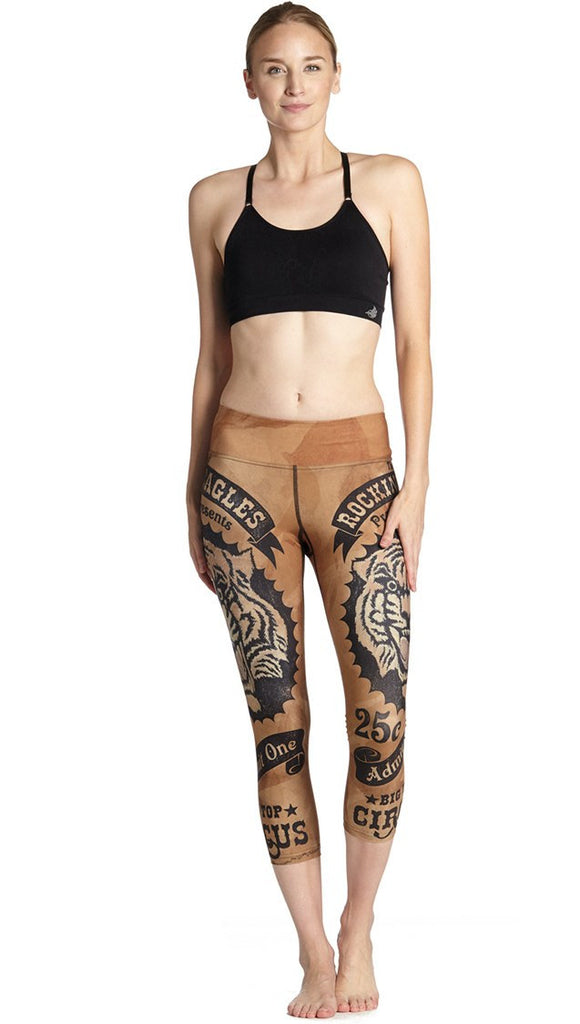 front view of model wearing vintage circus tiger printed capri leggings