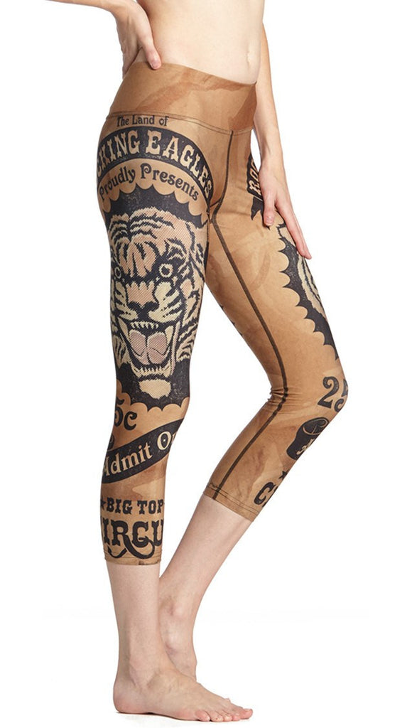 closeup right side view of model wearing vintage circus tiger printed capri leggings