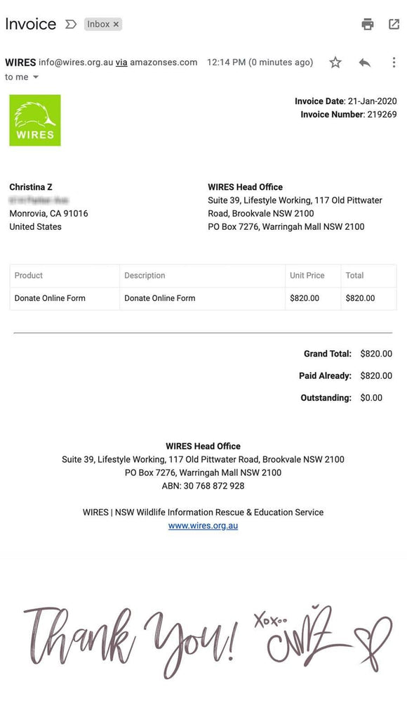 Donation Receipt from WIRES Wildlife Rescue for $820AUD